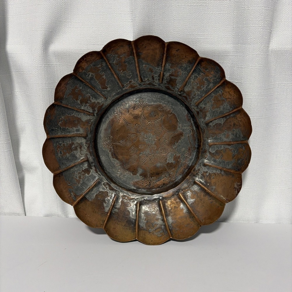 Vintage Copper Fruit Bowl 11” Fluted W/ Ruffled Edge & Engraved Floral